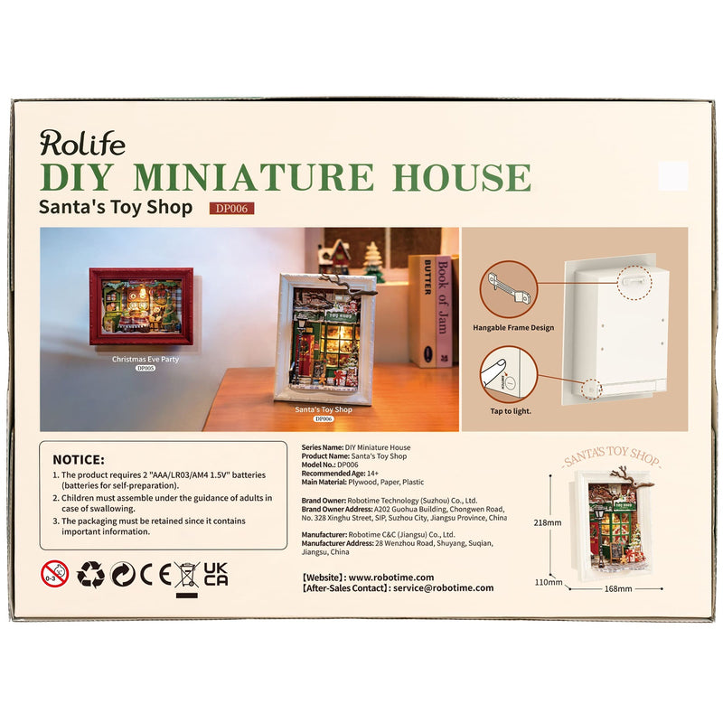 Rückseite der Verpackung der Robotime Santa’s Toy Shop, Diorama eines weihnachtlich dekorierten Ladens mit Lichtern