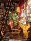 Nahaufnahme von Schreibtisch, Schaukelstuhl und Bücherregalen aus der Robotime Silent Corner Study 