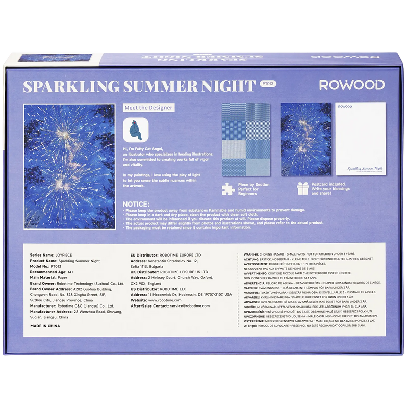 Rückseite der Verpackung der Robotime Sparkling Summer Night, 1.000 Teile Puzzle mit Feuerwerk in einer Sommernacht
