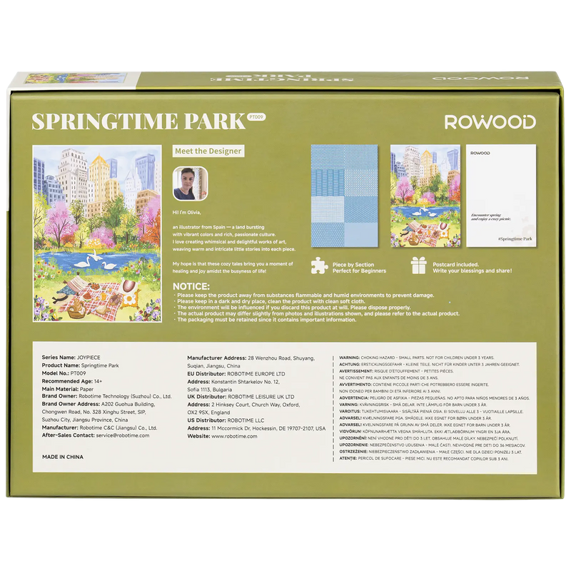 Rückseite der Verpackung der Robotime Springtime Park, 1.000-teiliges Puzzle mit einem Picknick am Schwanenteich im Park im Frühling