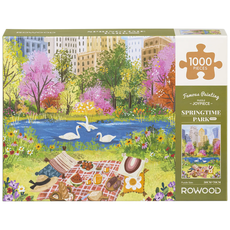 Vorderseite der Verpackung der Robotime Springtime Park, 1.000-teiliges Puzzle mit einem Picknick am Schwanenteich im Park im Frühling