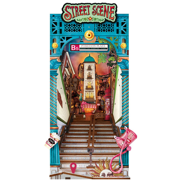 Produktfoto der Robotime Street Scene, Book Nook eines Straßenbildes in Perspektive mit einer Treppe im Vordergrund