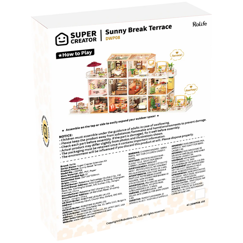 Rückseite der Verpackung der Robotime Sunny Break Terrace, Miniatur-Dachterrasse aus Kunststoff für die Super Creator-Serie