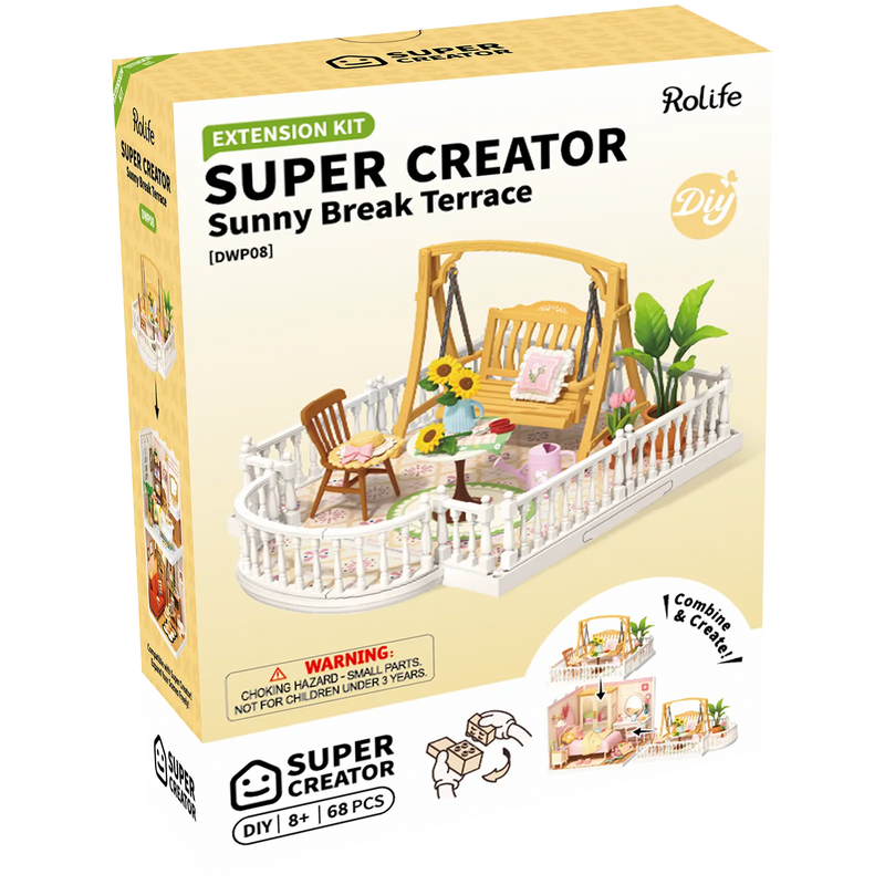 Vorderseite der Verpackung der Robotime Sunny Break Terrace, Miniatur-Dachterrasse aus Kunststoff für die Super Creator-Serie