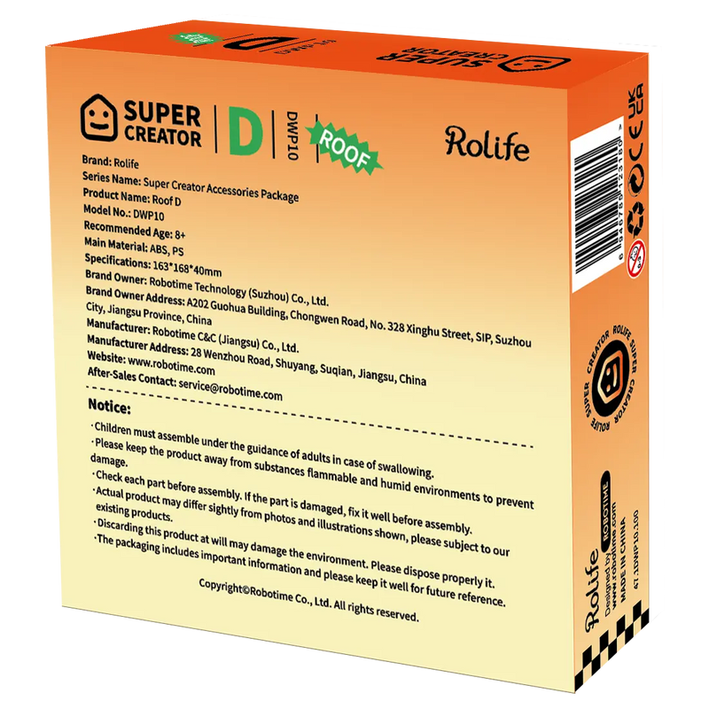 Rückseite der Verpackung der Robotime Super Creator Roof (D), Dach geeignet für die Kunststoff Miniaturhäuser und Dachterrassen der Super Creator Reihe