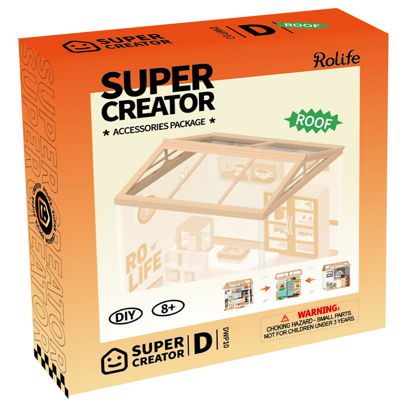 Vorderseite der Verpackung der Robotime Super Creator Roof (D), Dach geeignet für die Kunststoff Miniaturhäuser und Dachterrassen der Super Creator Reihe