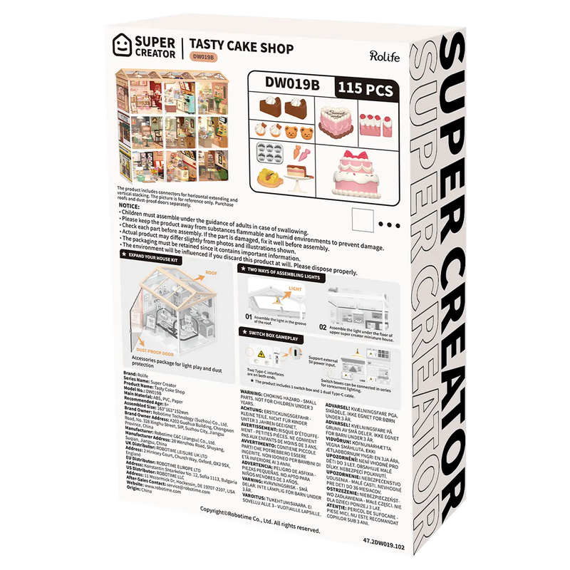 Rückseite der Verpackung der Robotime Tasty Cake Shop, Kunststoff-Miniaturhaus eines süßen rosa Tortenladens