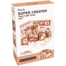 Vorderseite der Verpackung der Robotime Tasty Cake Shop, Kunststoff-Miniaturhaus eines süßen rosa Tortenladens