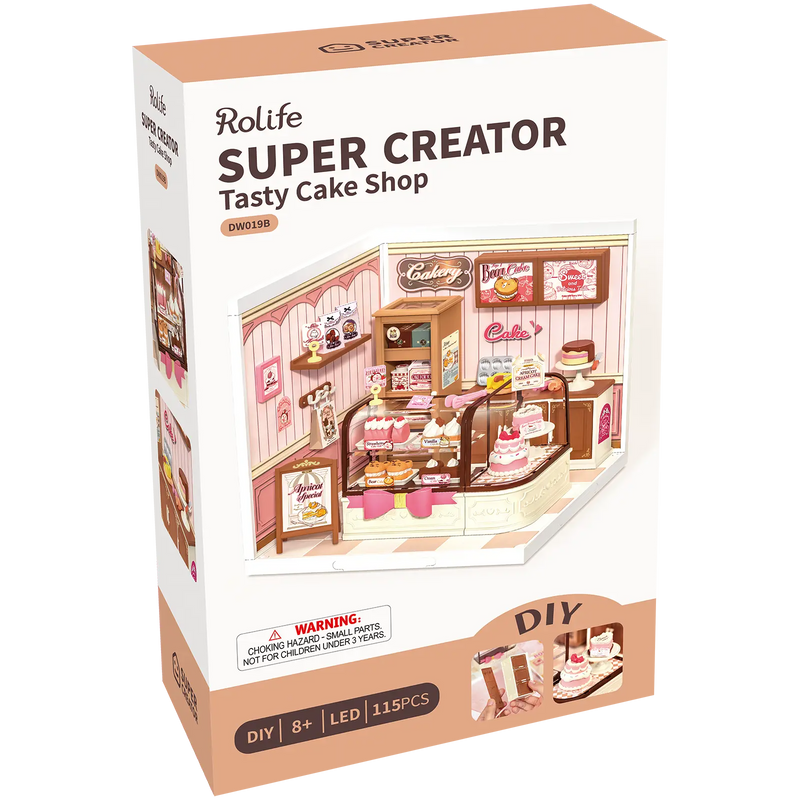 Vorderseite der Verpackung der Robotime Tasty Cake Shop, Kunststoff-Miniaturhaus eines süßen rosa Tortenladens