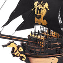 Bug der Robotime Seahorse Barque, schwarzes Segelschiff aus Holz mit goldenen Details