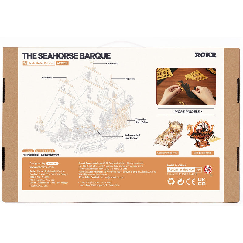 Rückseite der Verpackung der Robotime Seahorse Barque, schwarzes Segelschiff aus Holz mit goldenen Details