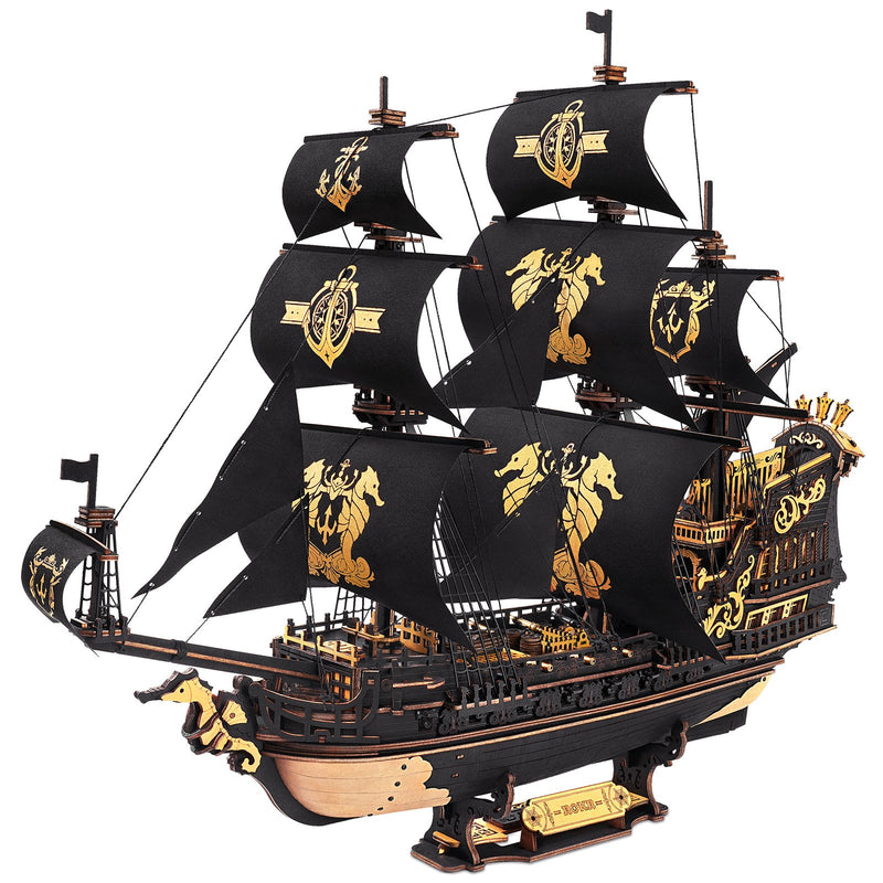 Produktfoto der Robotime Seahorse Barque, schwarzes Segelschiff aus Holz mit goldenen Details