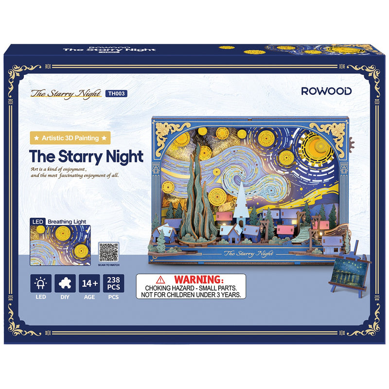 Vorderseite der Verpackung der Robotime The Starry Night, Holz-Diorama-Bausatz von Van Goghs Sternennacht