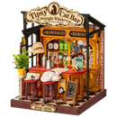 Produktfoto der Robotime Tipsy Cat Bar, Miniaturhaus einer Bar, in der eine Katze auf dem Barhocker schläft