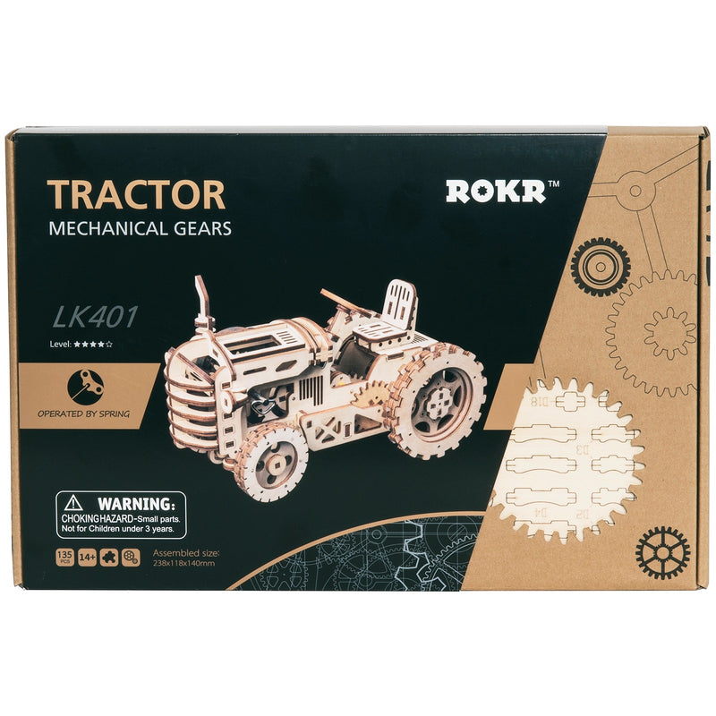 Vorderseite der Verpackung der Robotime Tractor, mechanisches Holzmodellbau