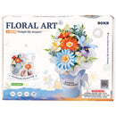 Vorderseite der Verpackung der Robotime Twilight Sky Bouquet, Bausatz für einen Strauß Kunststoffblumen in einer blauen Vase