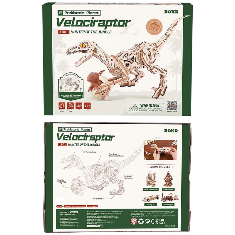 Vorderseite und rückseite der Verpackung der Robotime Velociraptor, Holzbausatz eines echt laufenden Dinosauriers