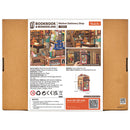 Rückseite der Verpackung der Robotime Wisdom Stationery Shop, Bausatz für eine Book Nook im Stil eines altmodischen Buch- und Bürobedarfsgeschäfts