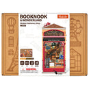 Vorderseite der Verpackung der Robotime Wisdom Stationery Shop, Bausatz für eine Book Nook im Stil eines altmodischen Buch- und Bürobedarfsgeschäfts