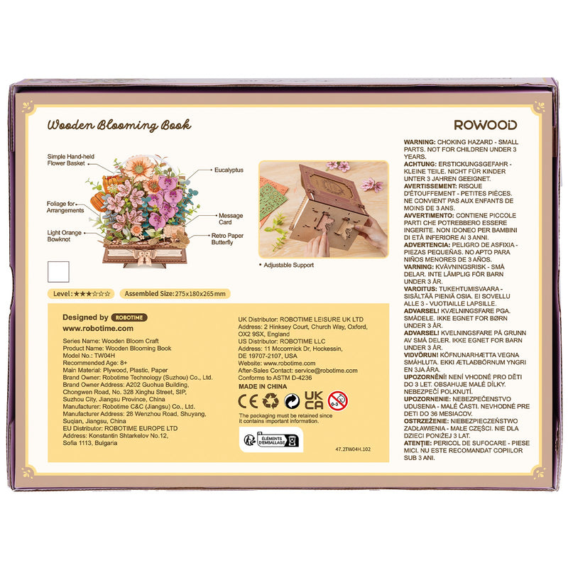 Rückseite der Verpackung der Robotime Wooden Blooming Book, Holzbausatz eines Blumenstraußes auf einem geschlossenen Buch