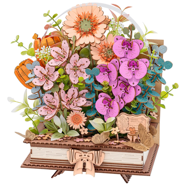 Produktfoto der Robotime Wooden Blooming Book, Holzbausatz eines Blumenstraußes auf einem geschlossenen Buch
