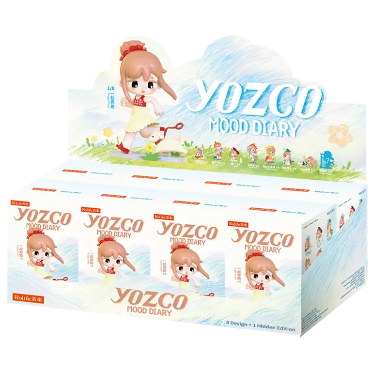 Display mit acht Verpackungen der Robotime Yozco’s Mood Diary Blind Box Serie