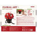 Rückseite der Verpackung der Rolife Red Rose Bouquet, Kunststoff-Bausatz für einen Strauß roter Rosen und weißer Gänseblümchen in einer schwarzen Vase mit schwarzem Band darum